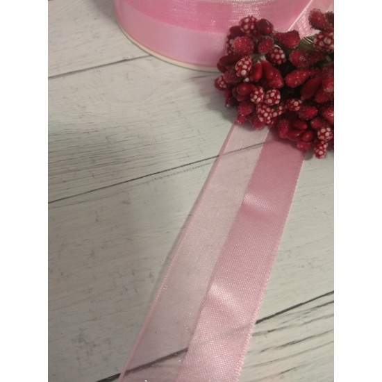 Лента органза с атласом 2,5 см цв. розовый, цена за 1 м